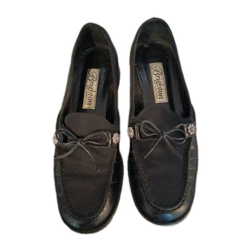 Brighton Dada Women's Black Faux Croc Leather Loafers Bow Detail Size 7.5